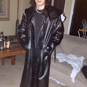 Vintage black leather trench coat with custom handmade tailored shoulder straps
